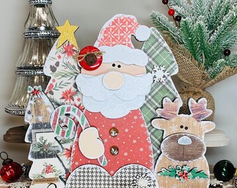Handcrafted Whimsical Santa with Reindeer and Christmas Trees Scene, Winter Season Wood Centerpiece Decor, Holiday Farmhouse Shelf Sitter.