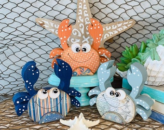Whimsical Crab Shelf Sitter Wood Decoration, Marine Life Tiered Tray Display, Nautical Themed Nursery Gift, Rustic Themed Coastal Home Decor