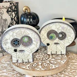 Handcrafted Wood Skull with Steampunk accent, Whimsical Not-So-Scary Halloween Decor.