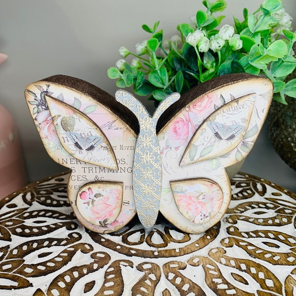 Butterfly Wood Shelf Sitter Decoration; Perfect Gift for Mother's Day or for Birthday, Elegant Year Around Decoration, Farmhouse Tier Tray.