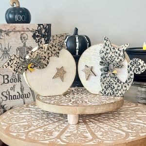 Halloween Night Moon w/ Black Cat or Bat Wood Shelf Sitter; Fall Season Not So Scary Decor; Spooky Fun Whimsy & Primitive Tier Tray display.