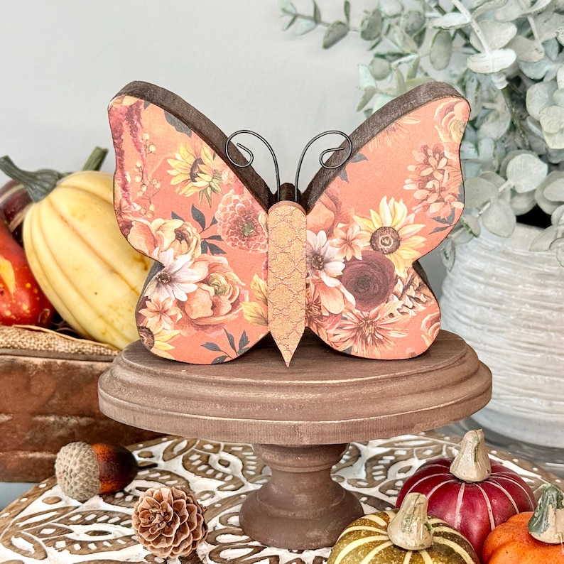 Autumn Inspired Wood Butterfly, Fall Season Tier Tray Decor. Harvest Florals