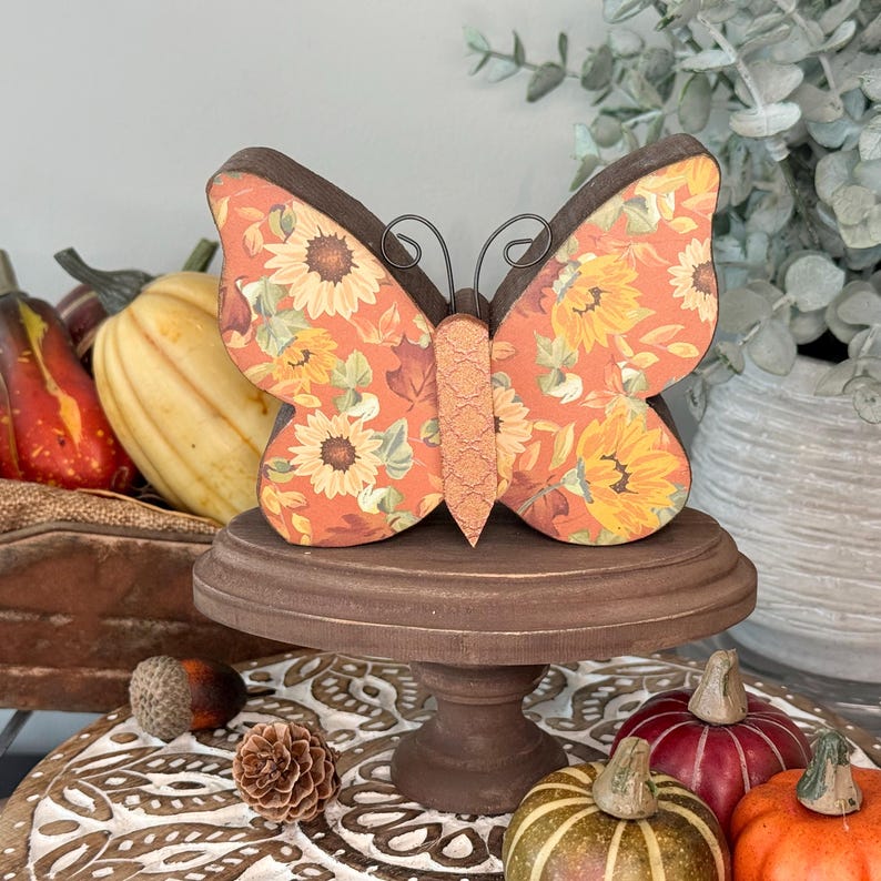 Autumn Inspired Wood Butterfly, Fall Season Tier Tray Decor. Sunflowers & Leaves