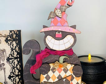 Whimsical Black Cat w/ Elegant Witch Hat Shelf Sitter, Halloween Inspired Cheshire Cat Wood Centerpiece, Fall Holiday Season Pumpkin & Crow.