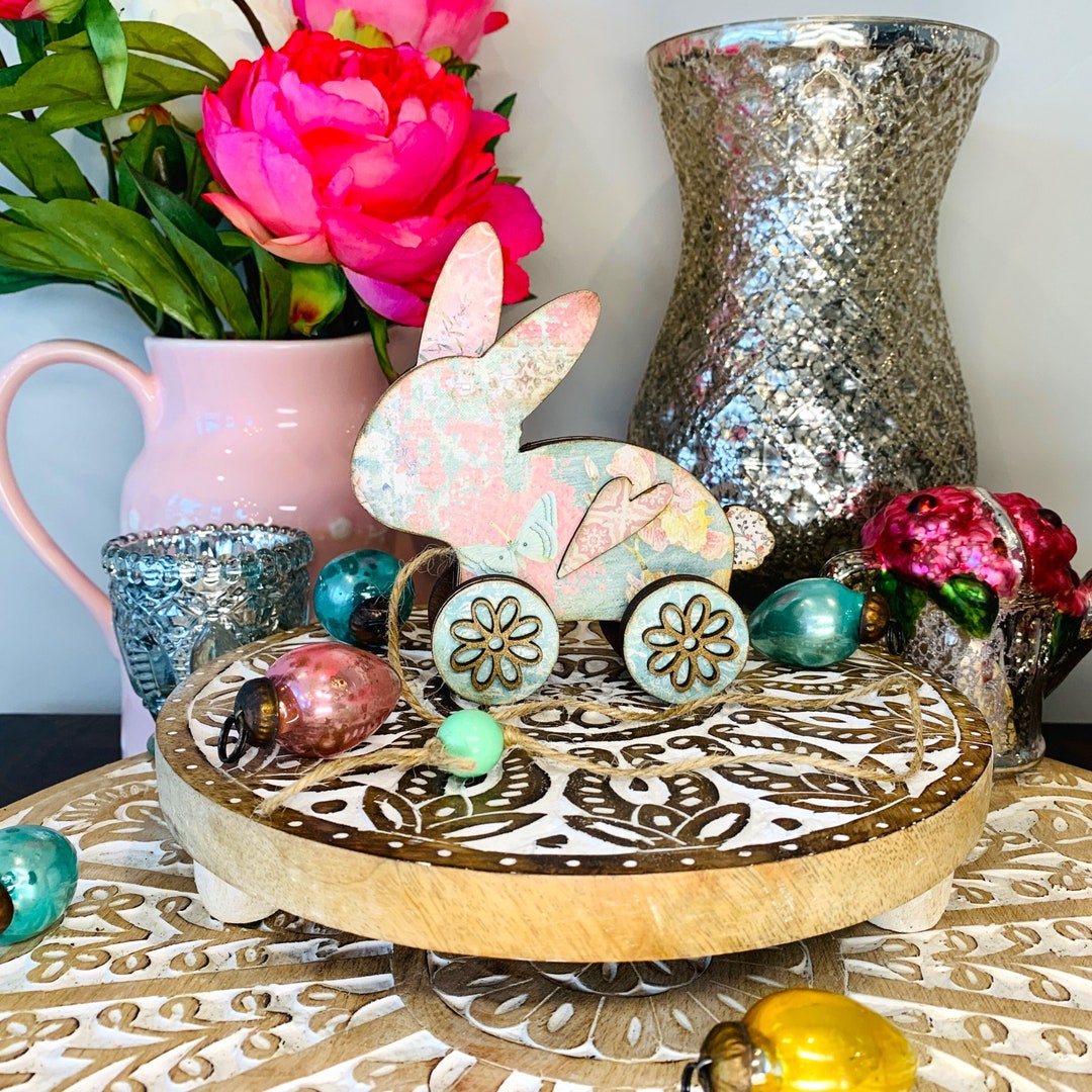 Wood Bunny on Wheels Vintage Handcrafted Pull Toy, Retro Inspired Pull