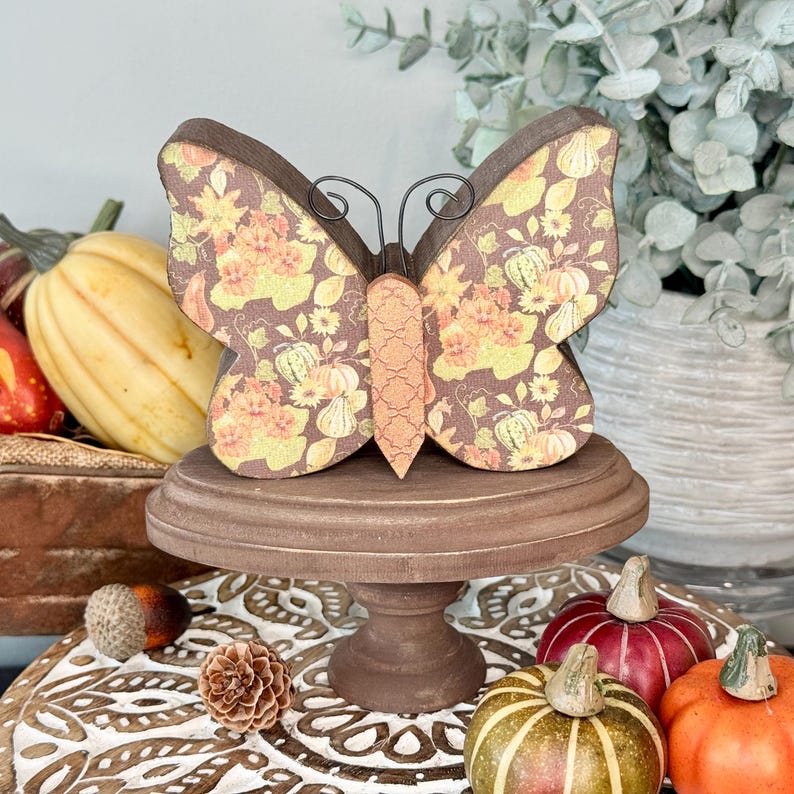 Autumn Inspired Wood Butterfly, Fall Season Tier Tray Decor. MultiPumpkins&Gourds