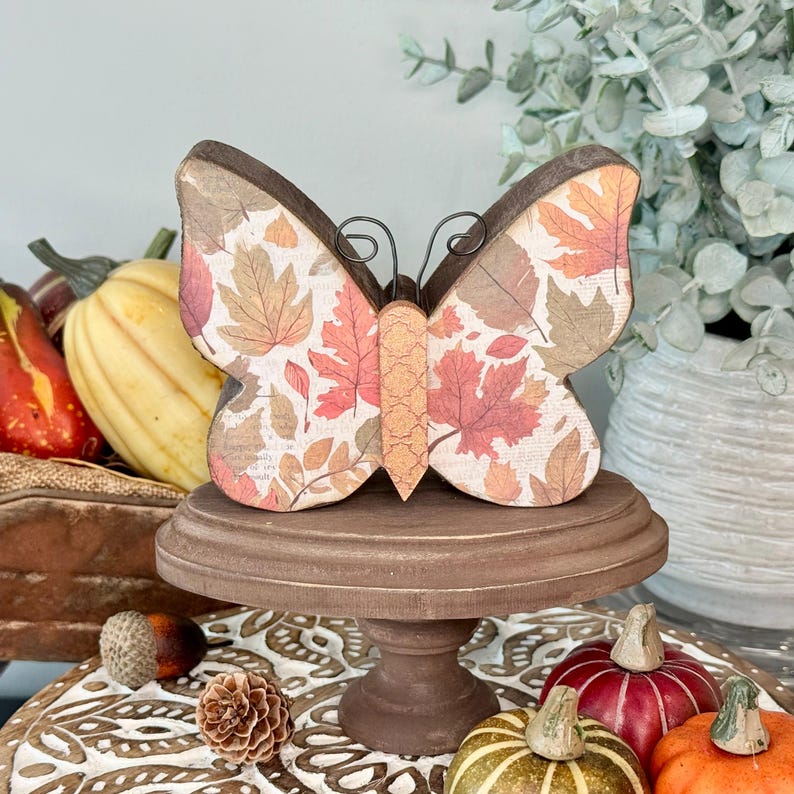Autumn Inspired Wood Butterfly, Fall Season Tier Tray Decor. Multi Leaves &Script