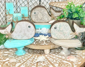Handcrafted Whimsical Whale Shelf Sitter Wood Decoration, Nautical theme Tier Tray Design.