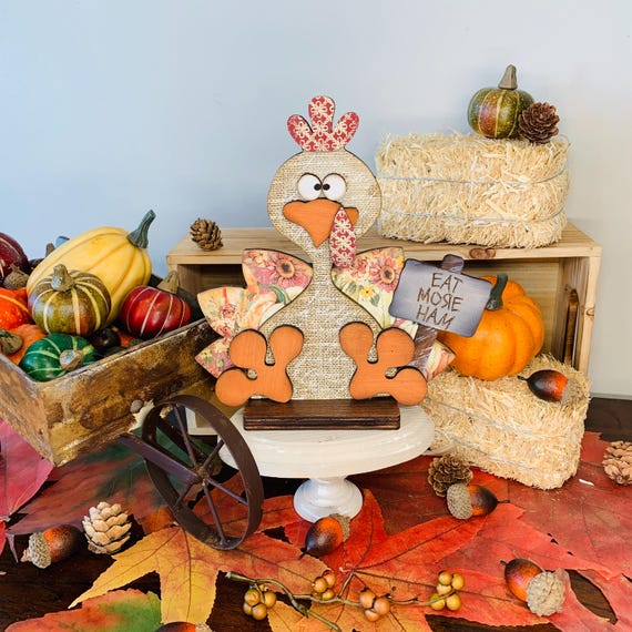 Whimsical Wood 7" Layered Turkey Design; Handcrafted Thanksgiving Shelf Sitter for Tier Tray, Fall Season Elegant Rustic Decoration.