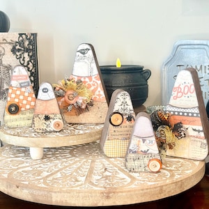 Handcrafted Halloween Candy Corn Set of 3, Fall Season Chunky Wooden Shelf Sitter.