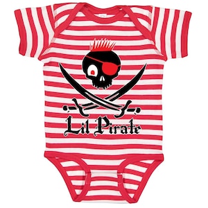 May include: Red and white striped baby onesie with a black and red skull and crossbones design. The text "Lil Pirate" is printed below the skull.