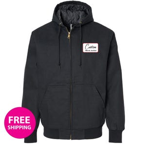 May include: Black work jacket with a hood and a zipper closure. The jacket has a patch that reads "Custom Work Jacket" in white text on a red border. The jacket has a ribbed hem and cuffs.