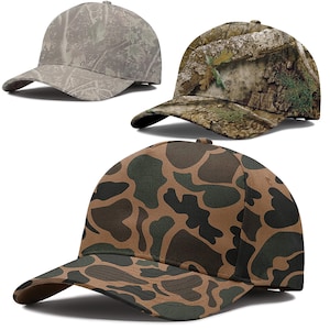 May include: Three baseball caps featuring distinct camouflage patterns. One cap has a light gray forest print, another displays a realistic brown and green tree bark design, and the third features a classic brown and dark green blob camouflage pattern.