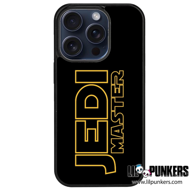 May include: Black phone case with a gold outline of the text "Jedi Master".