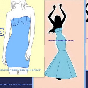 Bustier Dress-Strapless-Three Length Option-PDF Sewing Pattern-Digital Download-US Size 4,6,8,10,12-EU Size 34,36,38,40,42