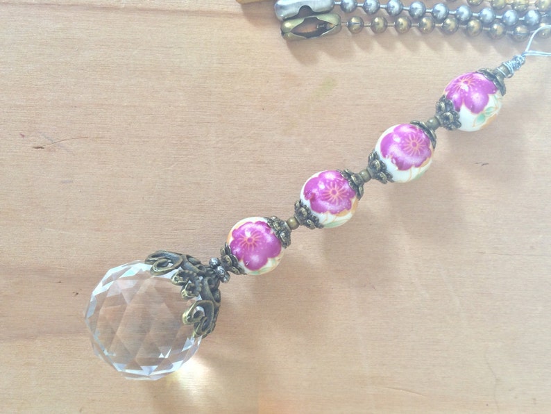 Ball chain pull Crystal beaded light pull magenta pink Etsy