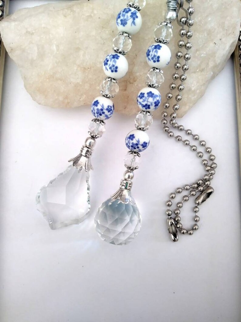 Blue And White Crystal Ceiling Fan Pull Set Or Individual Etsy