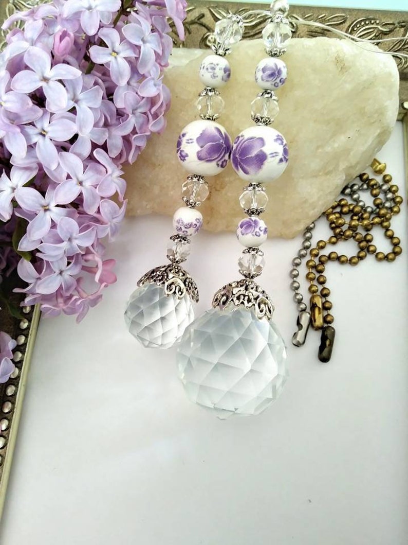 Purple Ceiling Fan Pull Set Or Individual Light Pull Decorative Ball Chain Pulls Crystal Prism Pull Chains Purple Flower Ceramic Pulls