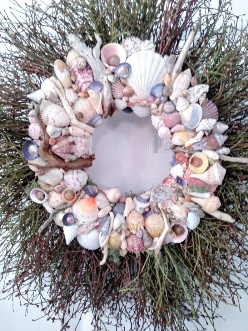 twig and seashell wreath Indoor or outdoor wreath. Seashell wreath colorful sea shell wreath ocean beach decor beach house decor