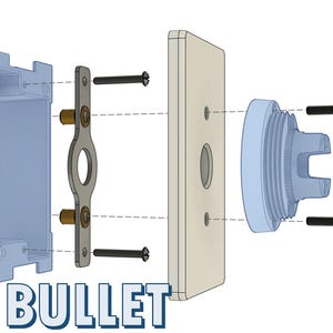 May include: An exploded diagram of a door lock assembly. The components include a blue mounting bracket, a metal strike plate, a beige faceplate, a light blue knob, and screws. The word "BULLET" is displayed in blue text at the bottom.