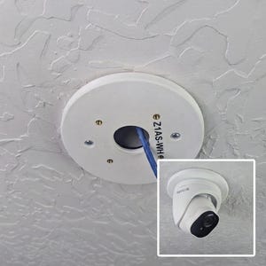May include: A white circular mounting plate for a security camera with a central hole, a blue ethernet cable, and the text Z1AS-WH. An inset image shows a white Reolink dome security camera attached to the same circular mounting plate.
