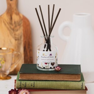 May include: A glass diffuser bottle with dark reeds, labelled "Beaches of Wales Seabreeze and Coconut", rests on a stack of vintage books. The books are green and red, with dried flowers. A white jug and wooden board are in the background.