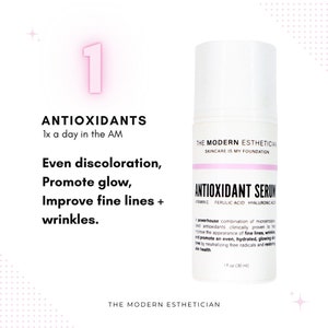 May include: A white bottle of antioxidant serum with a pink label that says "ANTIOXIDANT SERUM" and lists the ingredients as "VITAMIN C, FERULIC ACID, HYALURONIC ACID". The bottle is labeled "THE MODERN ESTHETICIAN SKINCARE IS MY FOUNDATION".