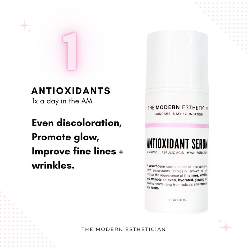 May include: A white bottle of antioxidant serum with a pink label that says "ANTIOXIDANT SERUM" and lists the ingredients as "VITAMIN C, FERULIC ACID, HYALURONIC ACID". The bottle is labeled "THE MODERN ESTHETICIAN SKINCARE IS MY FOUNDATION".