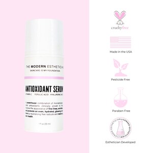 May include: A white bottle of antioxidant serum with a pink label. The label reads "The Modern Esthetician Skincare is My Foundation Antioxidant Serum Vitamin C Ferulic Acid Hyaluronic Acid". The bottle is 1 fl oz (30 ml). The bottle is on a pink background. The image also includes several icons indicating that the product is cruelty-free, made in the USA, pesticide-free, paraben-free, and esthetician developed.