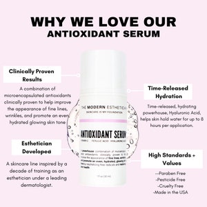 May include: A white bottle of serum with a pink label that reads "ANTIOXIDANT SERUM" with the words "THE MODERN ESTHETICIAL SKINCARE IS MY FOUNDATION" above the label. The bottle is surrounded by small white bubbles. The text "Clinically Proven Results" is in the top left corner of the image. The text "Time-Released Hydration" is in the top right corner of the image. The text "High Standards + Values" is in the bottom right corner of the image. The text "Esthetician Developed" is in the bottom left corner of the image.