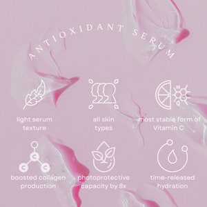 May include: A pink background with white text that reads "ANTIOXIDANT SERUM".  The background has a marbled effect.  There are six white icons with text descriptions below each icon.  The icons represent the benefits of the serum.  The icons are: a feather, three people, a lemon slice, a chemical structure, a plant, and a water drop.