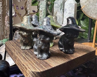 Talla de gato de bruja de cristal / Gato con sombrero de cristal / Decoración de brujería para el hogar / Cristal de Halloween / Obsidiana negra, cuarzo rosa, jade verde, Larvikit