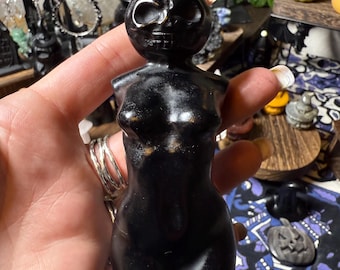 Talla de diosa calavera de calabaza: torso femenino de obsidiana negra / Decoración de cristal de Halloween, escultura de bruja, energía femenina oscura