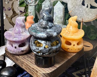 Linterna de cristal con sombrero de bruja tallado / Decoración de cristal para Halloween / Decoración gótica para el hogar / Lámpara de calabaza de bruja / Portavelas