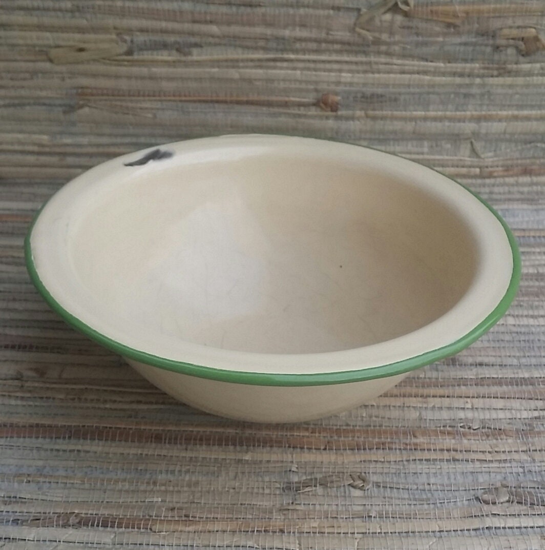 Vintage Cream and Green Enamelware Cereal Bowl 6 3/4 x 2 1/4 Farmhouse