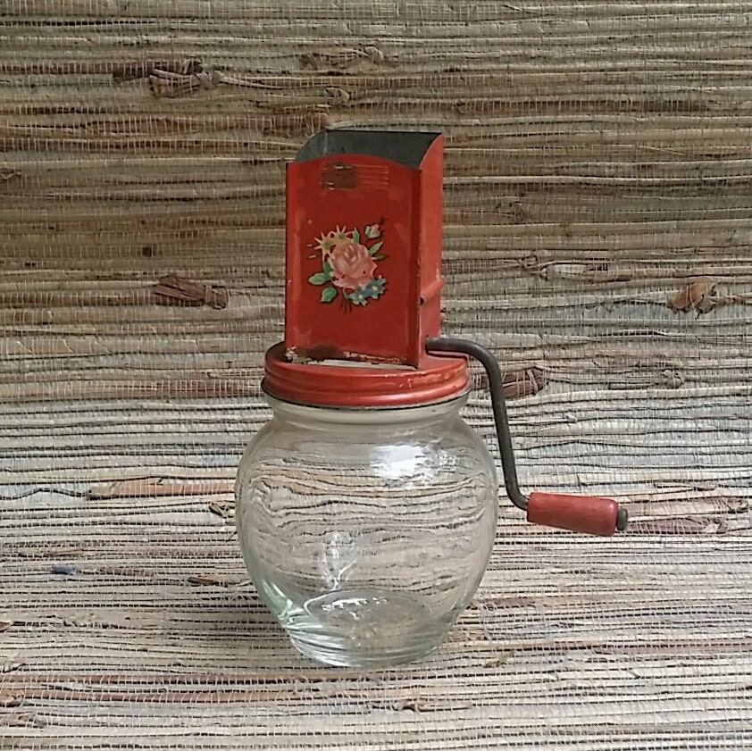 Vintage Nut Chopper Jar Red Tin Top With Floral Decal Wooden Handle