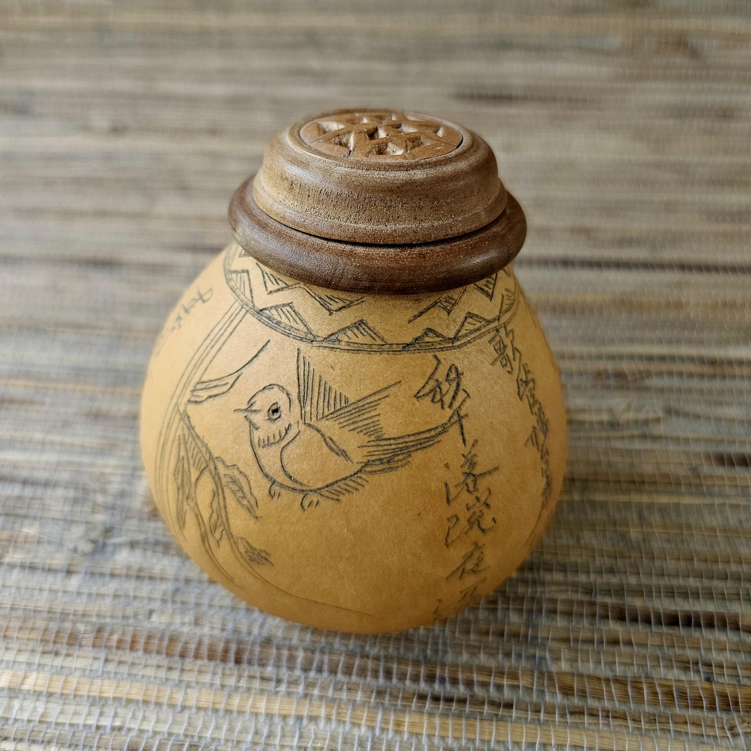 Vintage Chinese Cricket Gourd Cage Hand Etched Asian Writing