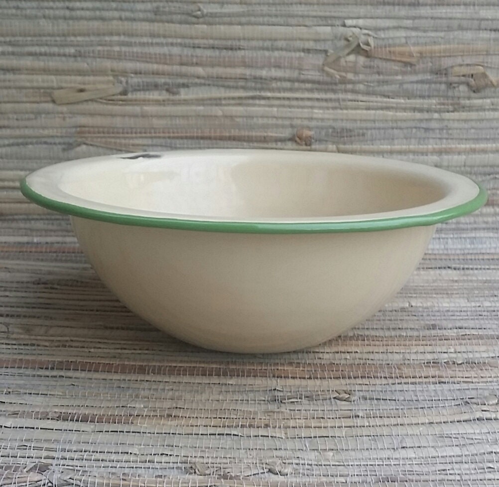Vintage Cream and Green Enamelware Cereal Bowl 6 3/4 x 2 1/4 Farmhouse