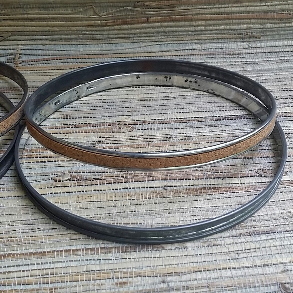 Pair of vintage metal 7 embroidery hoops cork lined round steel hoops Pair of vintage metal 7 embroidery hoops cork lined round steel hoops