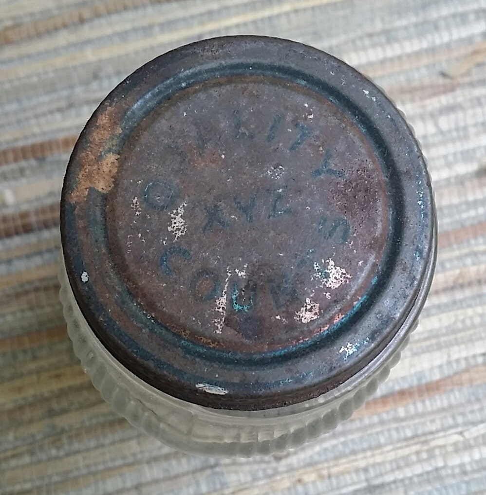Vintage Jar & Bottle With Metal Lids Quality Counts XYZ Vintage Glass