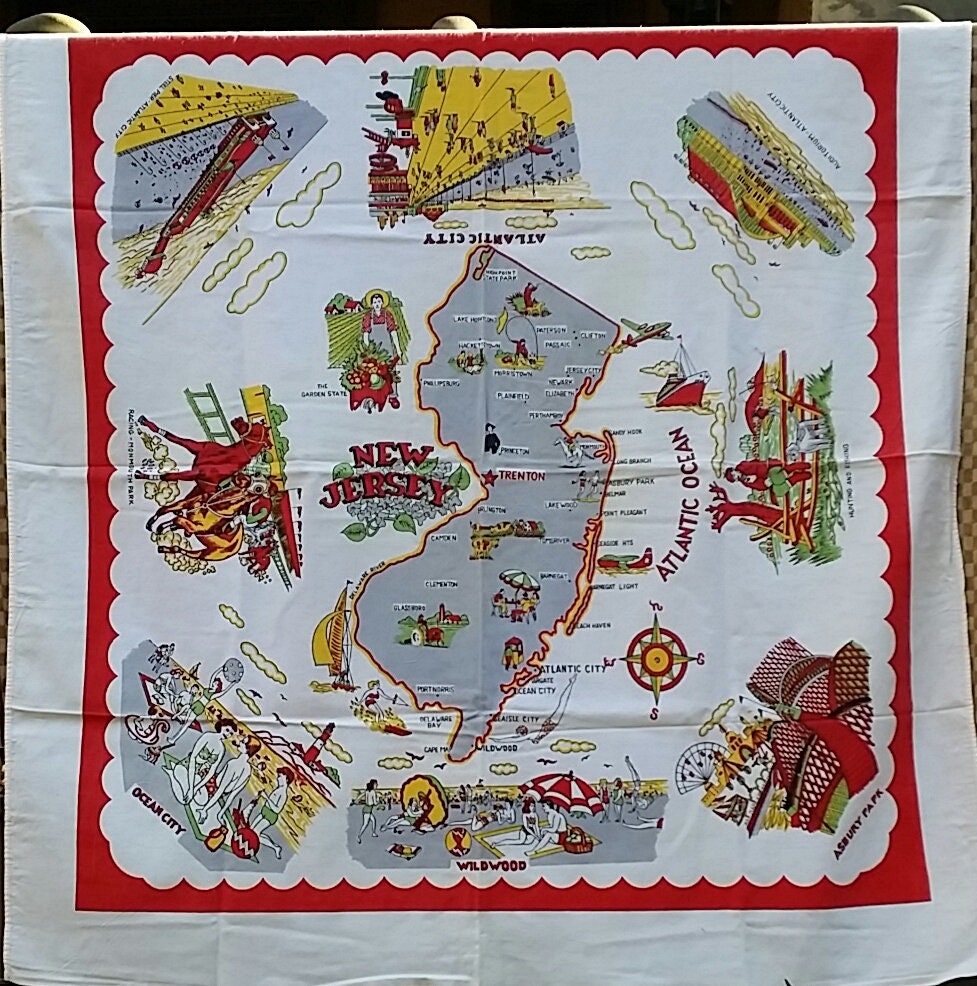 New Jersey Souvenir Table Cloth With State Attractions Atlantic City