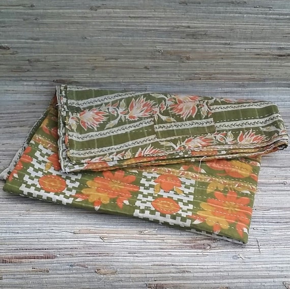 Vintage Kantha Cloth Hand Quilted Fabric From India Orange Gold Olive Green 1970s Vintage Textiles