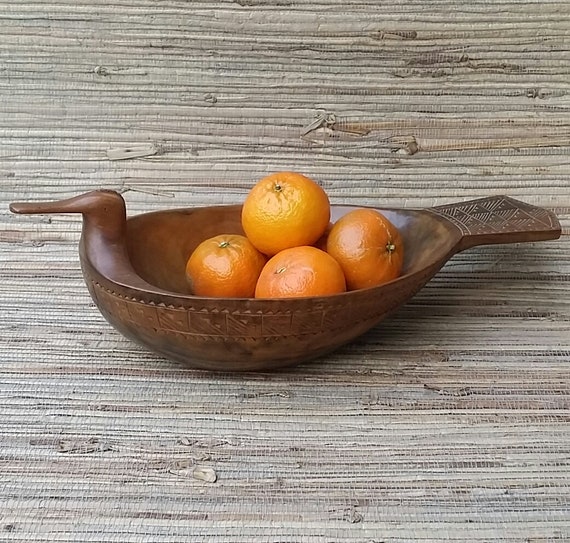 Wooden Duck Bowl, Beautifully Carved, Mid Century Elegant Style, Near Perfect Condition, Made In Yugoslavia Stamp, Measuring 13 3/8 x 6 3/4"