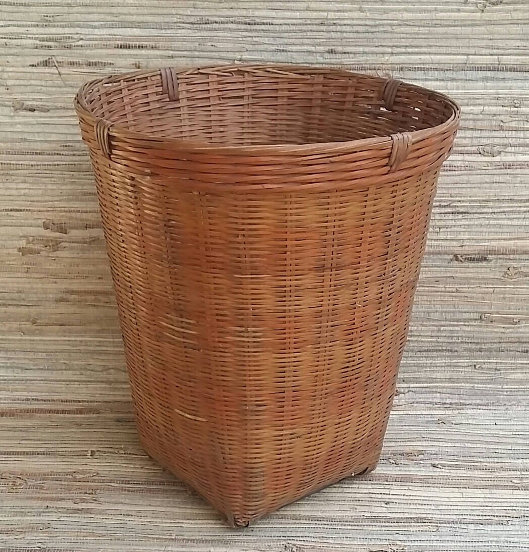 Vintage Bamboo Waste Basket Plant Holder Asian Basket