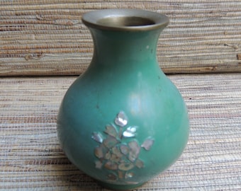 Small Vintage Asian Green Vase With Shell Design and Metal Base & Rim