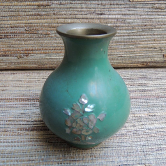 Small Vintage Asian Green Vase With Shell Design and Metal Base & Rim