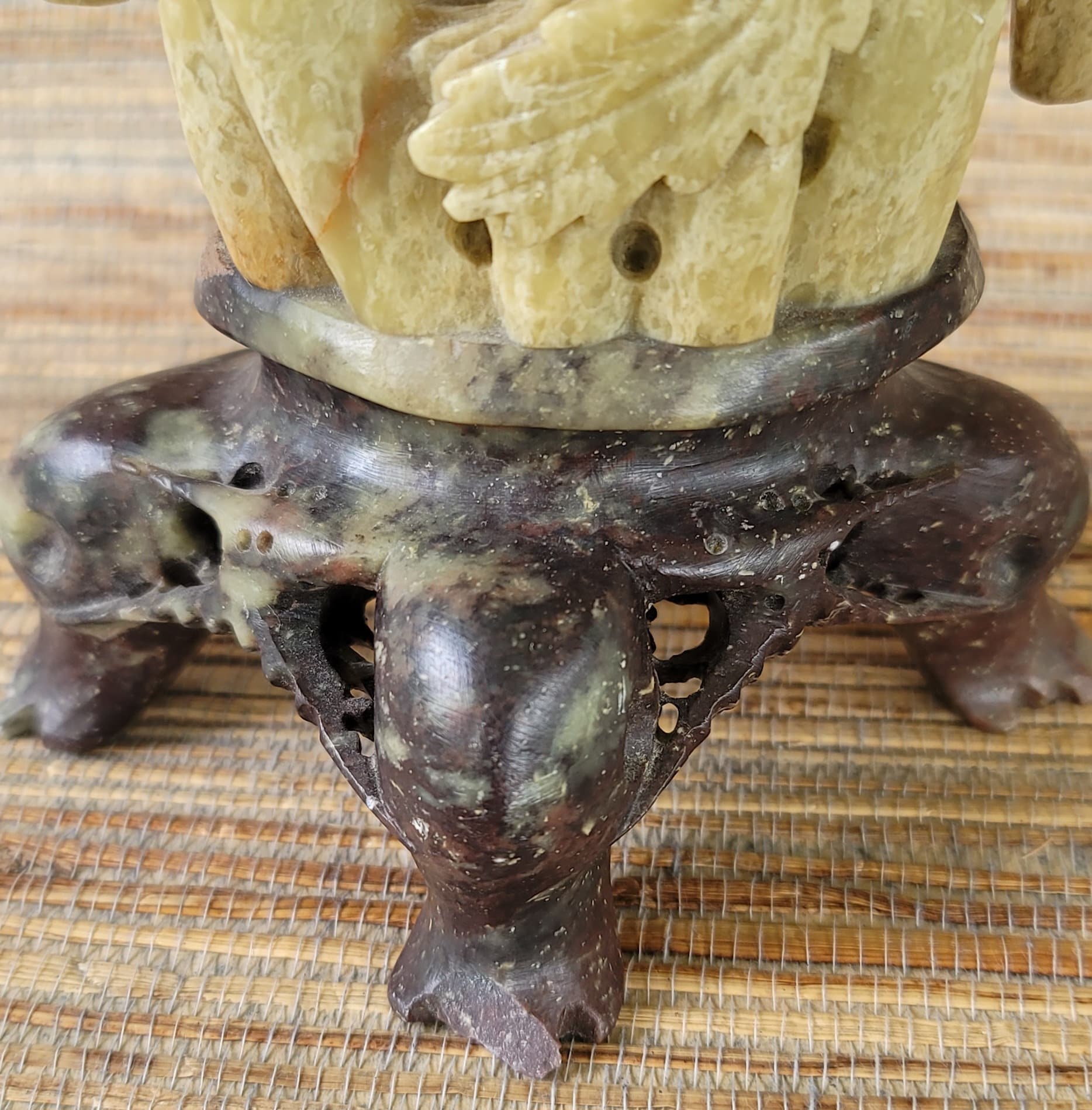 Vintage Chinese Green Soap Stone Carving Bird Flowers Carved Florals