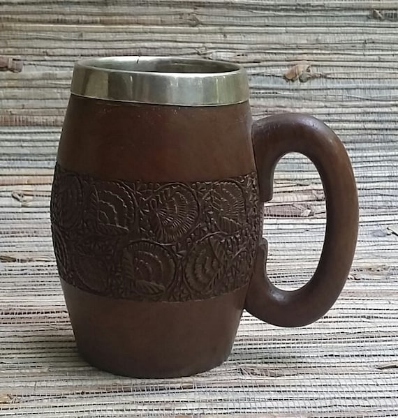 Antique Walnut Treen Tankard With Metal Lining Carved Floral Pattern Thistles? English? Black Forest?