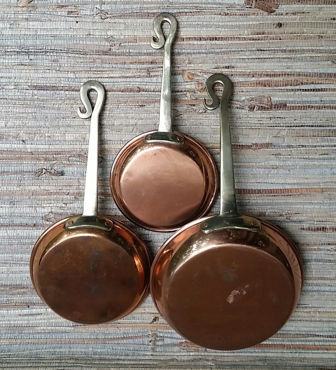 Vintage Copper & Brass Decorative Set of 3 Small Saute Pans Brass