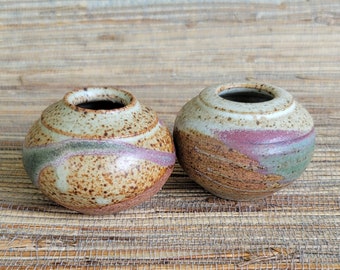 Cute Pair of Vintage Pottery Vases Small Handmade Signed Set of Little Weedpots 2 3/8"  Pots